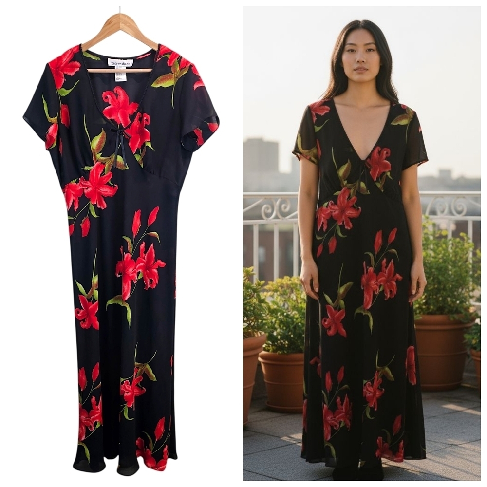 Vintage Dressbarn Black Red Floral Maxi Dress Sheer Overlay Romantic 90s Style